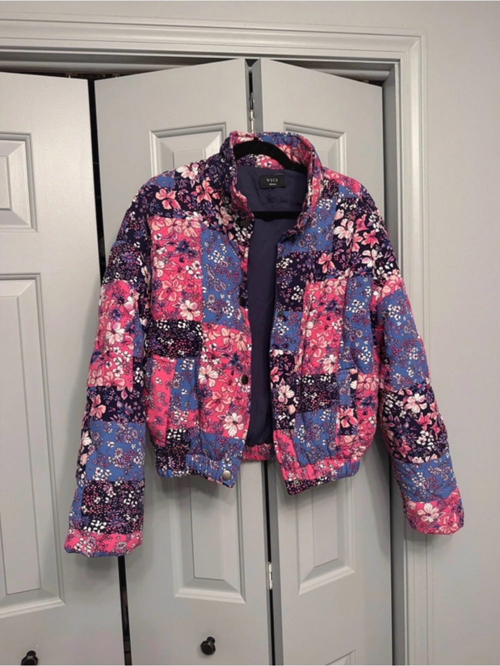 VICI Patchwork Floral Puffer Jacket in Pink & Blue